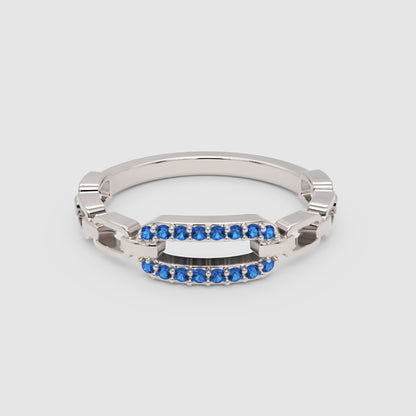 Lab-Grown Blue Sapphire Interlocking Link Ring In White Gold | Modern Chain Style Statement Ring For Women | Jebij - One