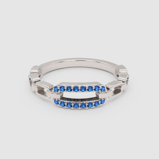 Lab-Grown Blue Sapphire Interlocking Link Ring in White Gold | Modern Chain Style Statement Ring for Women | Jebij