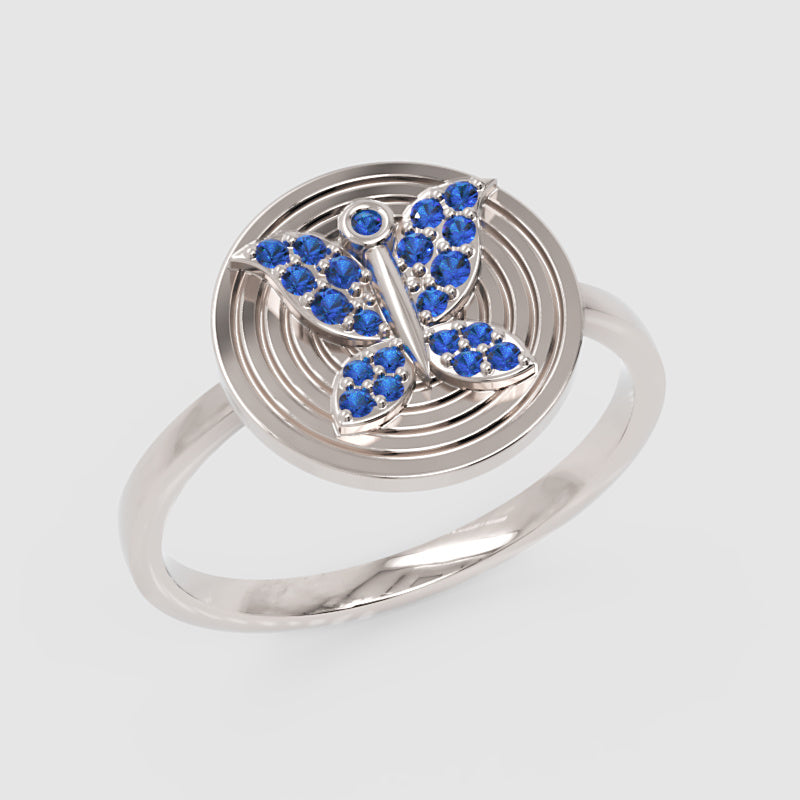 Blue Sapphire Butterfly Concentric Circle Ring - Three