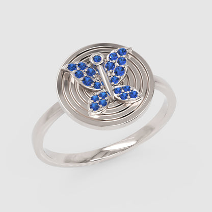 Blue Sapphire Butterfly Concentric Circle Ring - Three