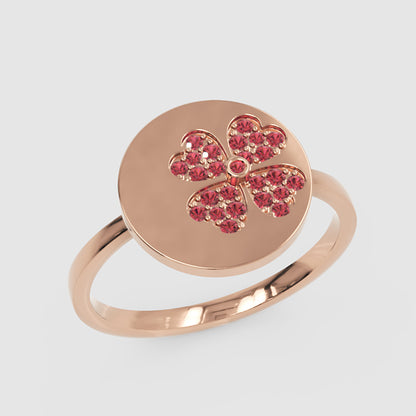 Ruby Clover Disc Ring With Pav Flower Design - Three