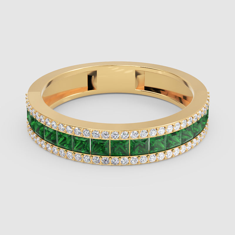 Princess Cut Emerald And Diamond Channel Set Band Ring - One