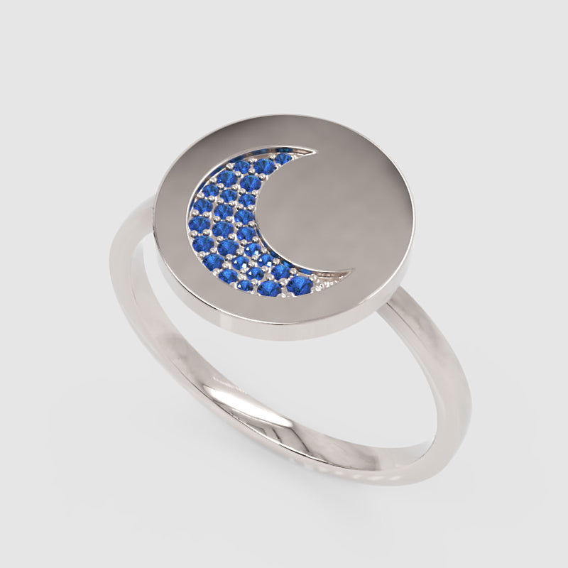 Blue Sapphire Crescent Moon Disc Ring - Three