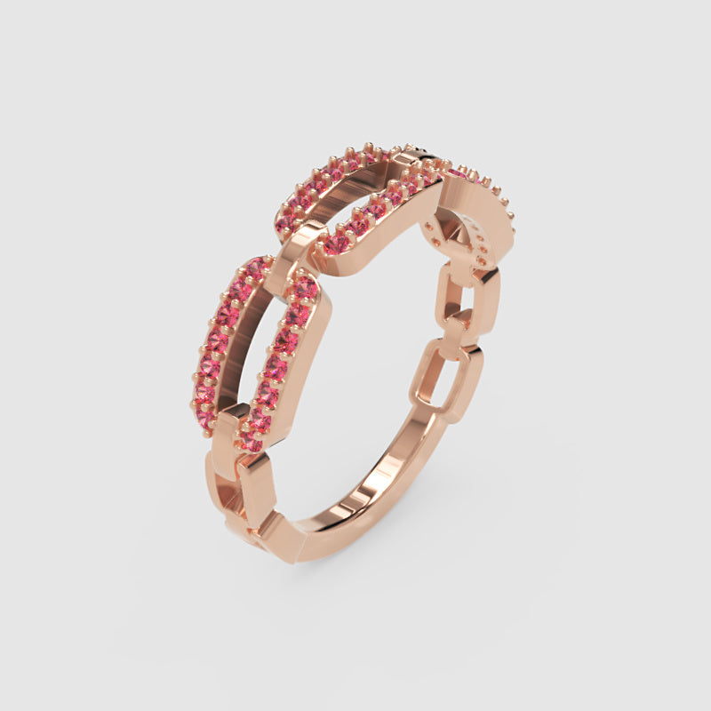 Lab-Grown Ruby Interlocking Link Ring In Rose Gold | Double Pave Luxury Chain Design Statement Ring For Women | Jebij - Three
