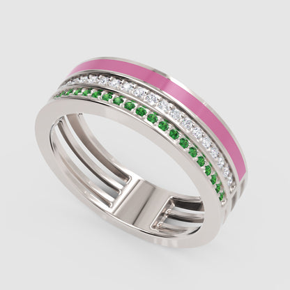Gold Emerald Diamond Multi-Row Band Ring With Pink Enamel – Statement Luxury Ring - Five