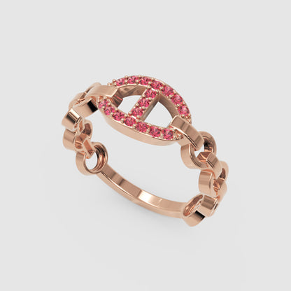 Ruby Oval Ring (Lab-Grown) | Rose Gold Chain Link Vertical Bar Design | Jebij - Three