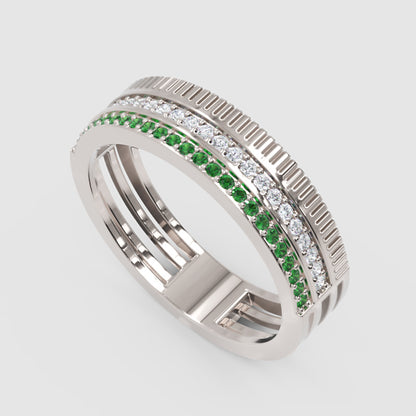 Gold Emerald Diamond Multi-Row Band Ring – Textured Statement Luxury Ring | Jebij - Three