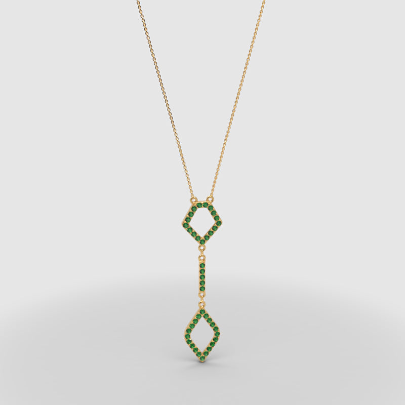 Lab-Grown Emerald Geometric Drop Pendant Necklace In White Gold | Adjustable 16–17 Inch Chain - Three