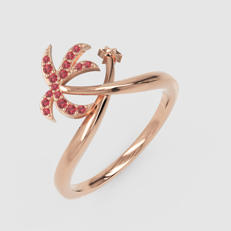 Red Stone Star & Crescent Moon Ring In Pink Gold - Three