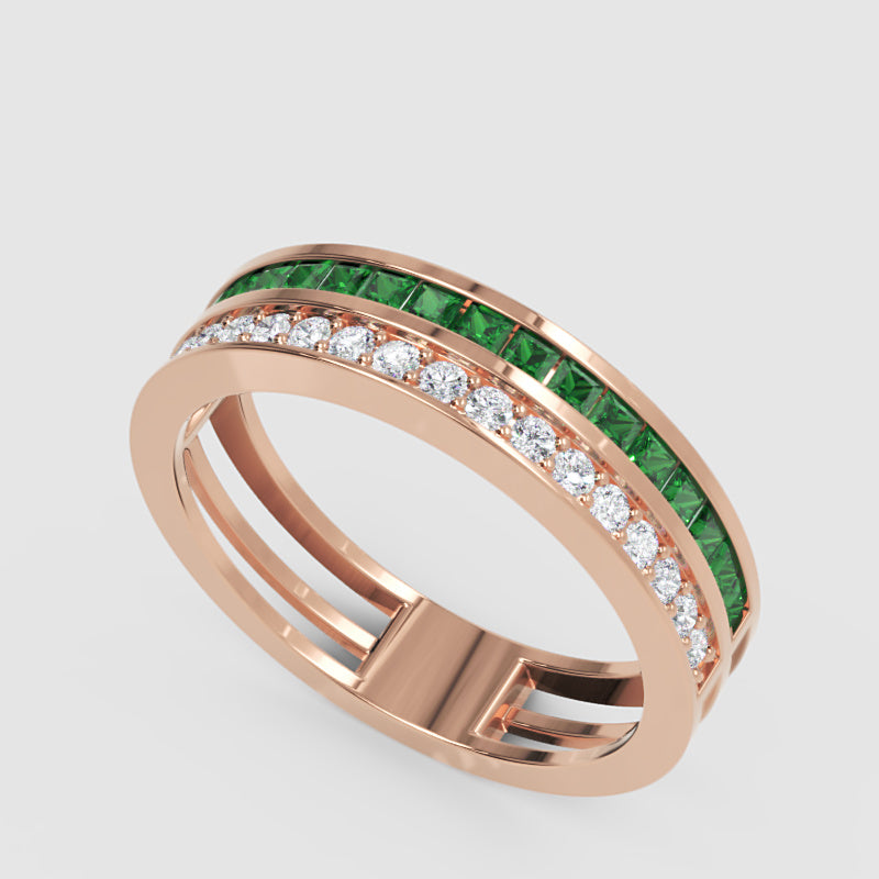 Emerald and Diamond Double Band Ring with Open Bridge Design