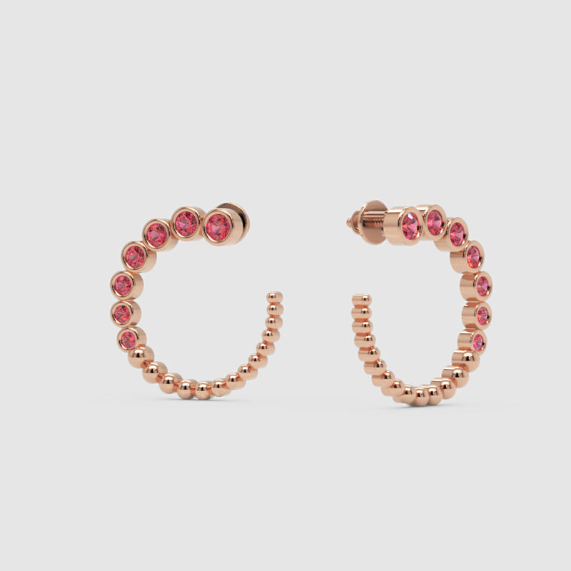 Pink Tourmaline Beaded Circle Hoop Earrings - Three