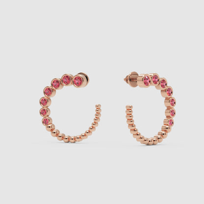 Pink Tourmaline Beaded Circle Hoop Earrings - Three