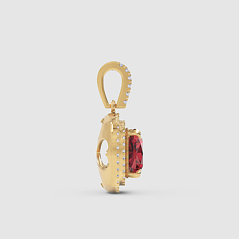 Cushion Cut Red Garnet Double Halo Diamond Pendant - Three