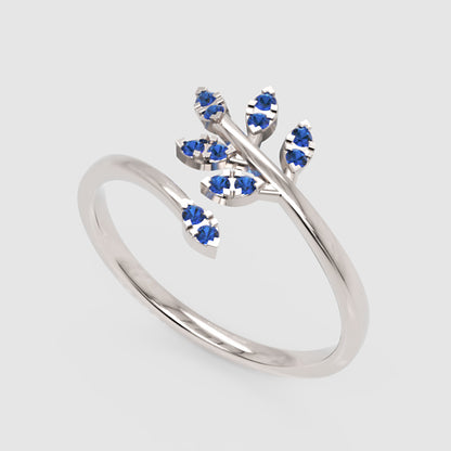 Blue Sapphire Leaf Vine Bypass Ring - Three