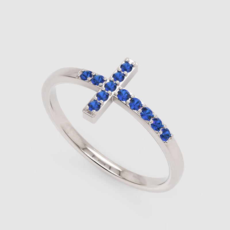 Blue Sapphire Cross Ring Delicate Stackable Band - Three
