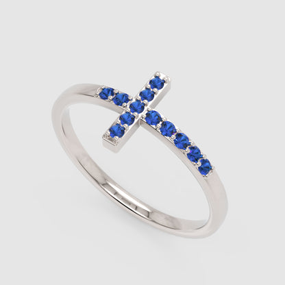 Blue Sapphire Cross Ring Delicate Stackable Band - Three