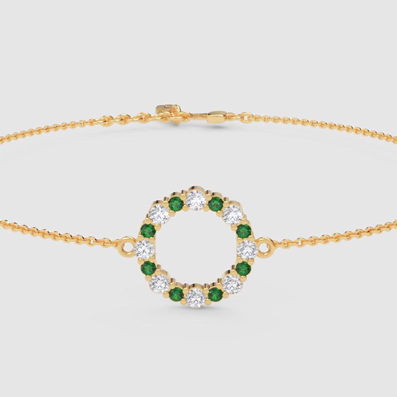 Emerald And Diamond Circle Bracelet With Delicate Chain - Three