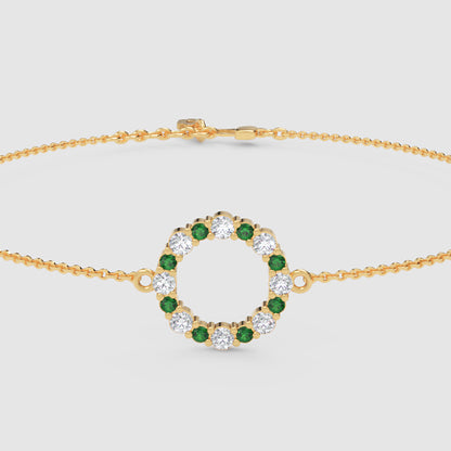 Emerald And Diamond Circle Bracelet With Delicate Chain - Three