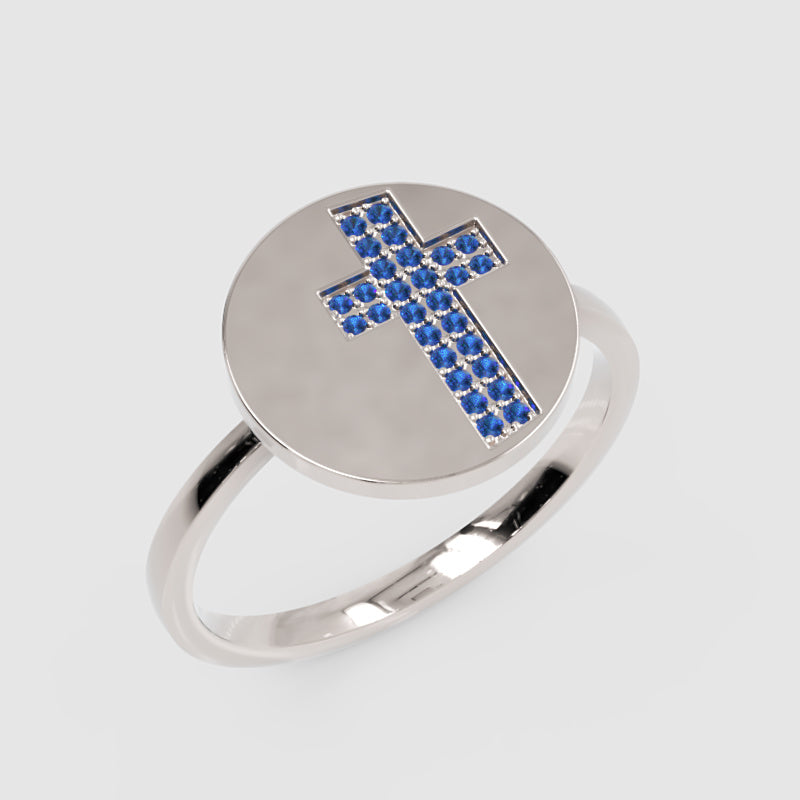 Blue Sapphire Cross Disc Signet Ring - Three