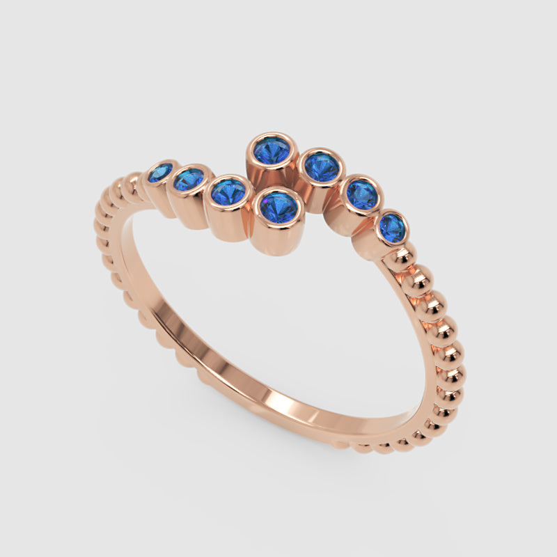 Blue Sapphire Beaded Open Wrap Ring Rose Tone - Three