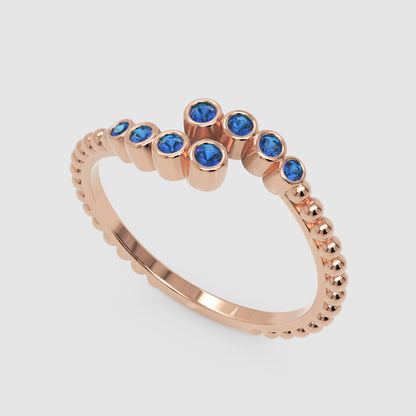 Blue Sapphire Beaded Open Wrap Ring Rose Tone - Three