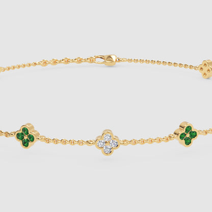Emerald And Diamond Clover Station Bracelet - Three