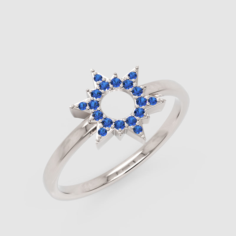 Blue Sapphire Starburst Halo Ring - Three