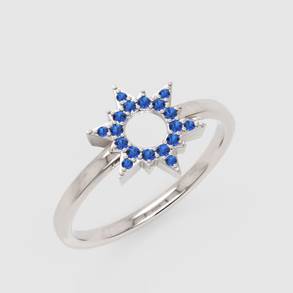 Blue Sapphire Starburst Halo Ring - Three