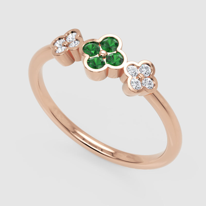 Emerald And Diamond Triple Clover Flower Ring - Three