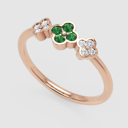 Emerald And Diamond Triple Clover Flower Ring - Three