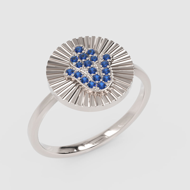 Blue Sapphire Hamsa Hand Disc Ring With Sunburst Design - Four