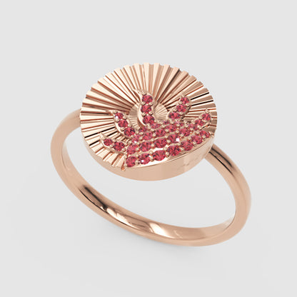 Ruby Sunburst Disc Ring With Textured Fan Design - Three