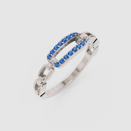 Lab-Grown Blue Sapphire Interlocking Link Ring In White Gold | Modern Chain Style Statement Ring For Women | Jebij - Three