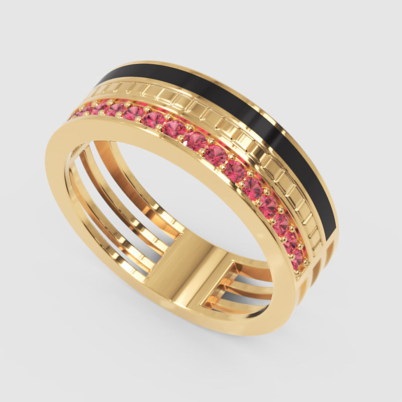 Gold Ruby Band Ring 6Mm With Black Enamel – Bold Statement Luxury Ring | Jebij - Three