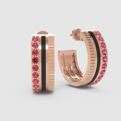 Pink Sapphire Textured Hoop Earrings With Ribbed Design - Three