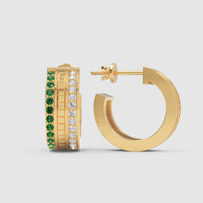 Emerald & Diamond Row Hoop Earrings In Yellow Gold – Luxury Statement Hoops | Jebij - Three