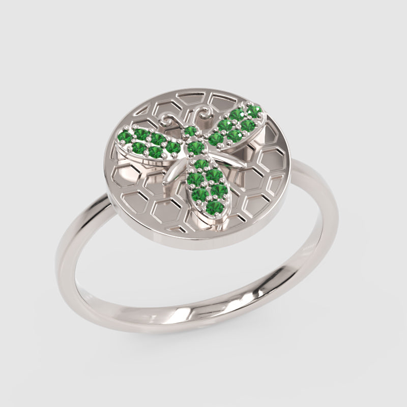 Emerald Bee Honeycomb Disc Ring - Five