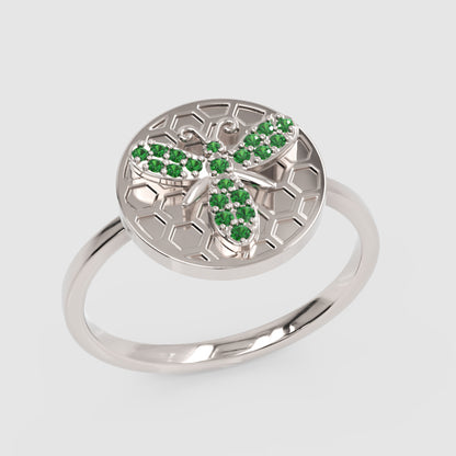 Emerald Bee Honeycomb Disc Ring - Five