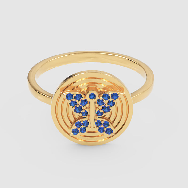 Blue Sapphire Butterfly Concentric Circle Ring - Four
