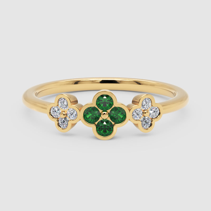 Emerald And Diamond Triple Clover Flower Ring - Four