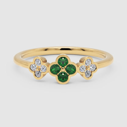 Emerald And Diamond Triple Clover Flower Ring - Four