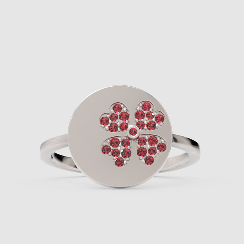 Ruby Clover Disc Ring With Pav Flower Design - Four