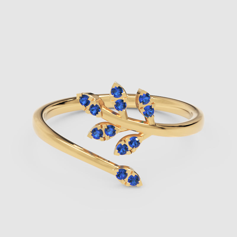 Blue Sapphire Leaf Vine Bypass Ring - Four