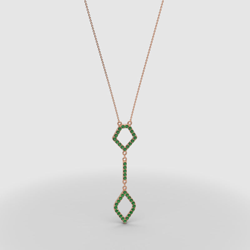 Lab-Grown Emerald Geometric Drop Pendant Necklace In White Gold | Adjustable 16–17 Inch Chain - Four
