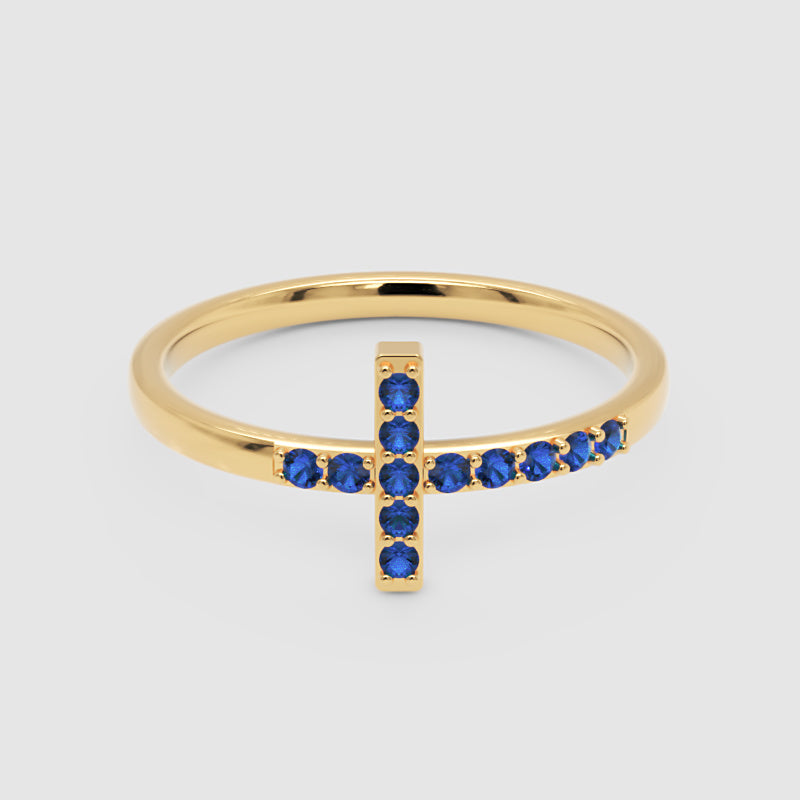 Blue Sapphire Cross Ring Delicate Stackable Band - Four