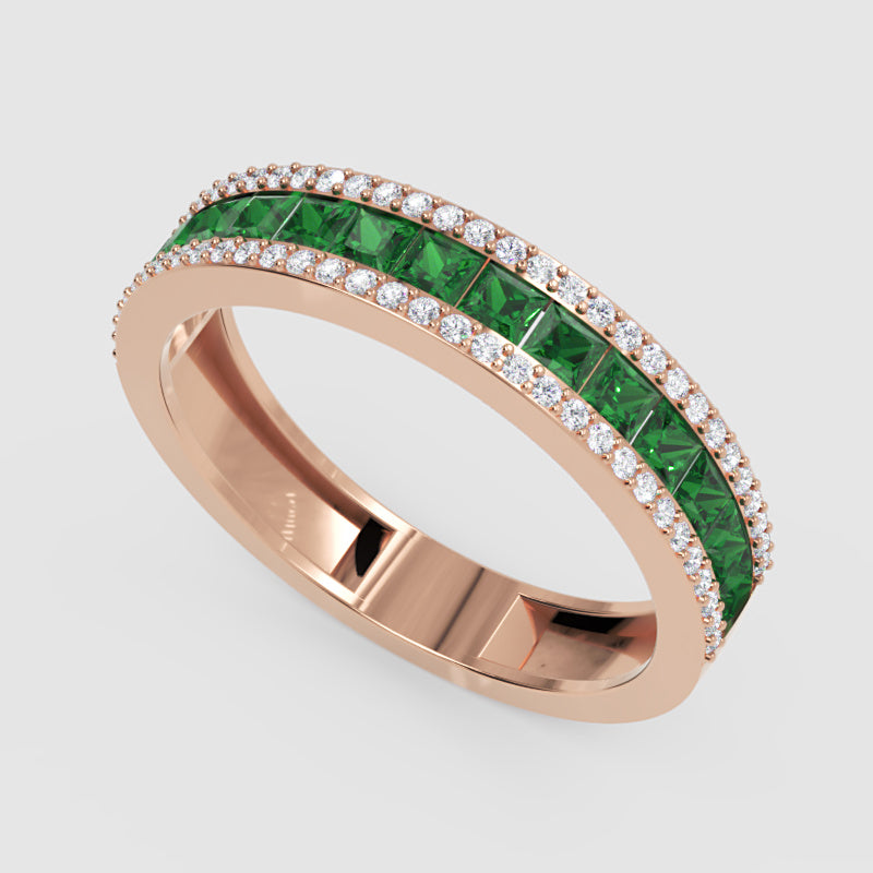 Princess Cut Emerald And Diamond Channel Set Band Ring - Four