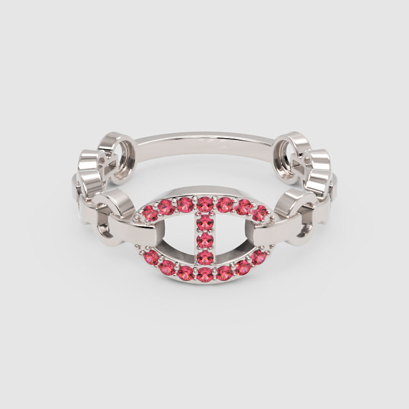 Ruby Oval Ring (Lab-Grown) | Rose Gold Chain Link Vertical Bar Design | Jebij - Four