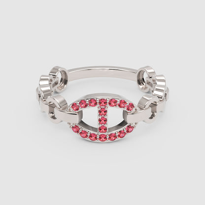 Ruby Oval Ring (Lab-Grown) | Rose Gold Chain Link Vertical Bar Design | Jebij - Four