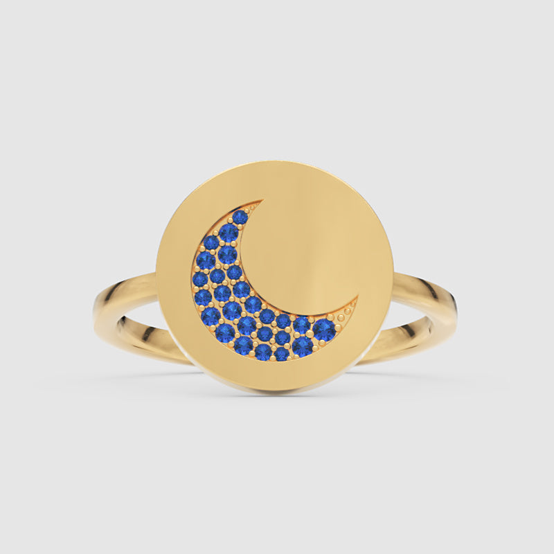 Blue Sapphire Crescent Moon Disc Ring - Four
