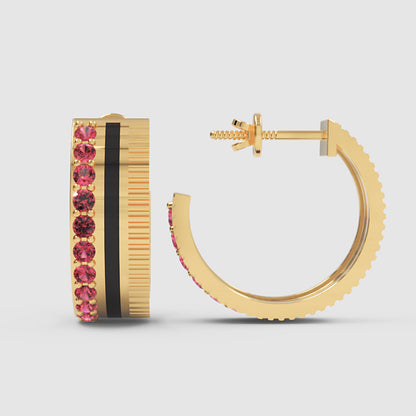 Pink Sapphire Textured Hoop Earrings With Ribbed Design - Four